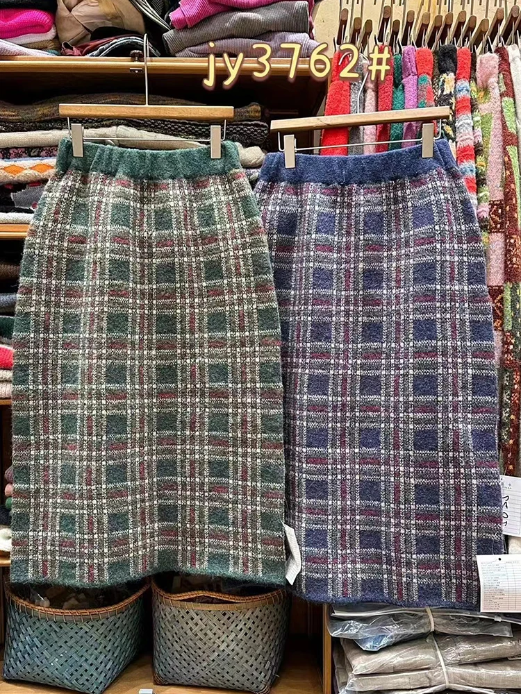 

Retro Knitted Woolen Plaid Skirt plus Size Women's Faion Autumn Wear Comfortable Fit een Blue Vintage Sle