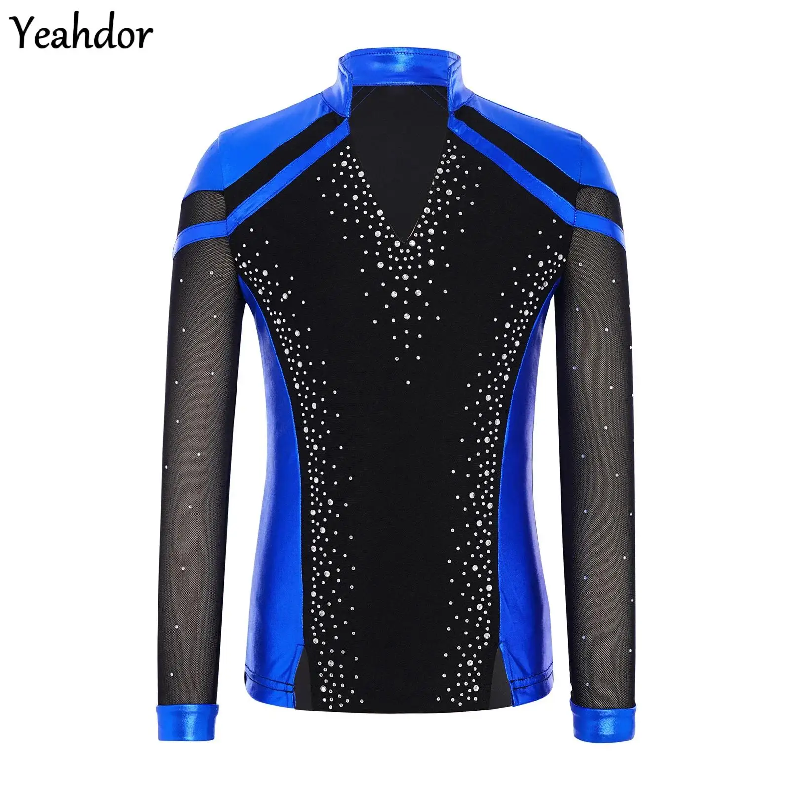 

Kids Boys Ballet Dance Shirt Figure Skating Costume V-Neck Long Sleeve Split Hem Rhinestone Metallic Top Latin Dance Performance