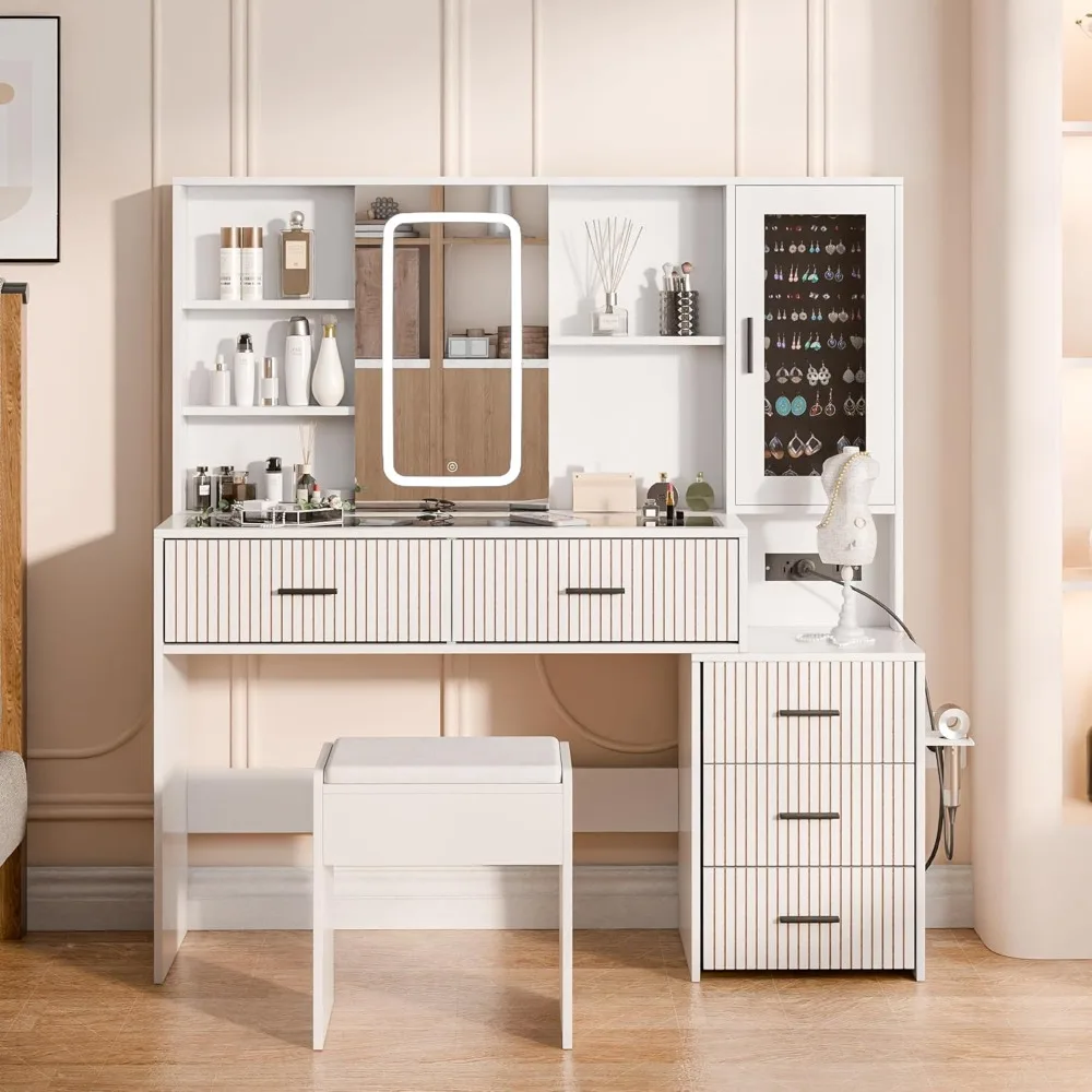 مكتب زينة مكياج مضيء مع أدراج ومرآة وحامل مجفف شعر