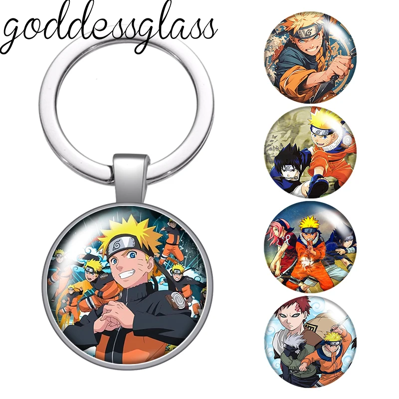 MINISO Naruto Anime Uzumaki Kakashi Uchiha photo glass cabochon keychain Bag Car key chain Ring Holder Charms keychains earrings