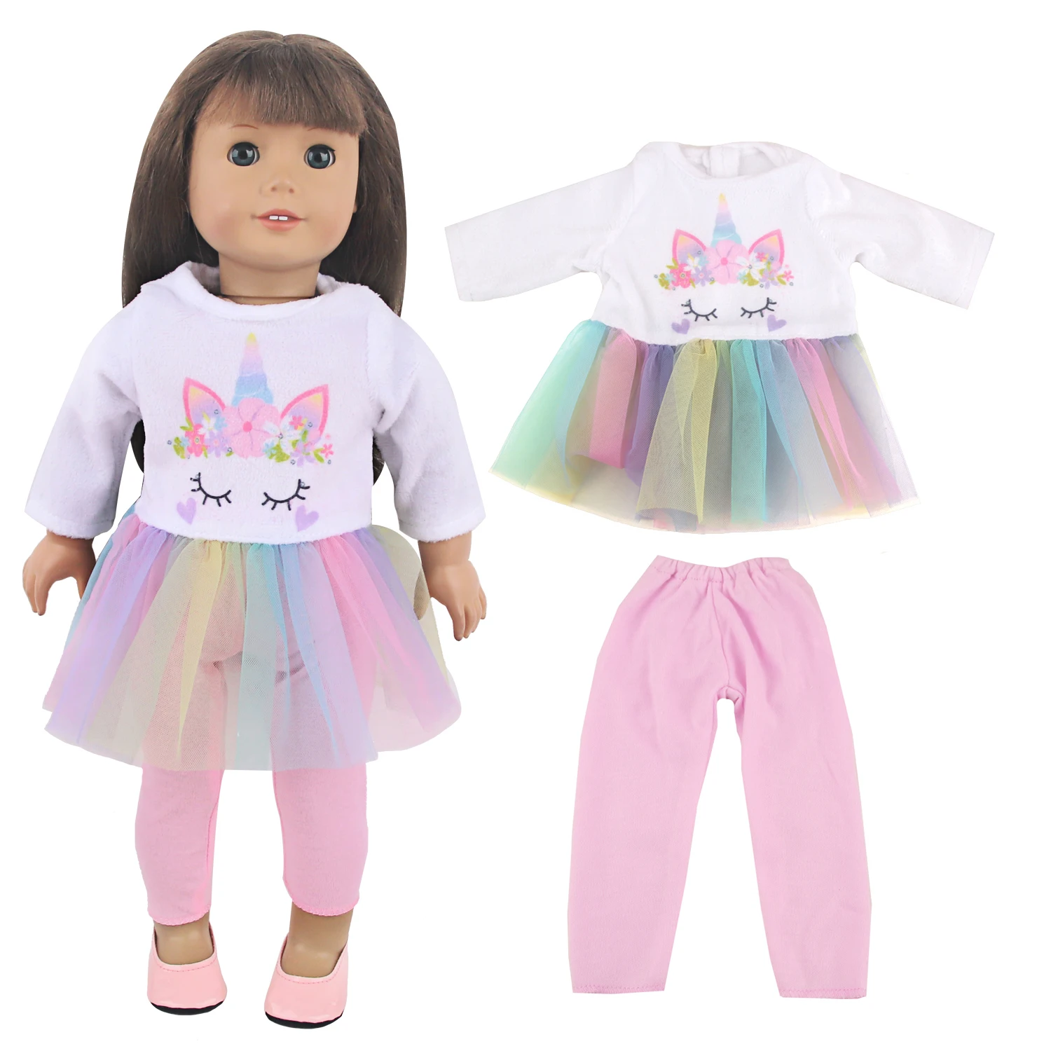 Colorful MIni Doll Dress+Pants Set For 18 Inches American Doll Unicorn Doll Skirt+Leggings Suit For 43cm Baby New Born Dolls Toy