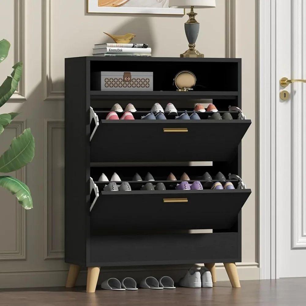 

Shoe Storage Cabinet for Entryway, Free Standing Shoe Organizer with 2 Flip Drawers, Slim Narrow Hidden Shoe Rack Cabinet