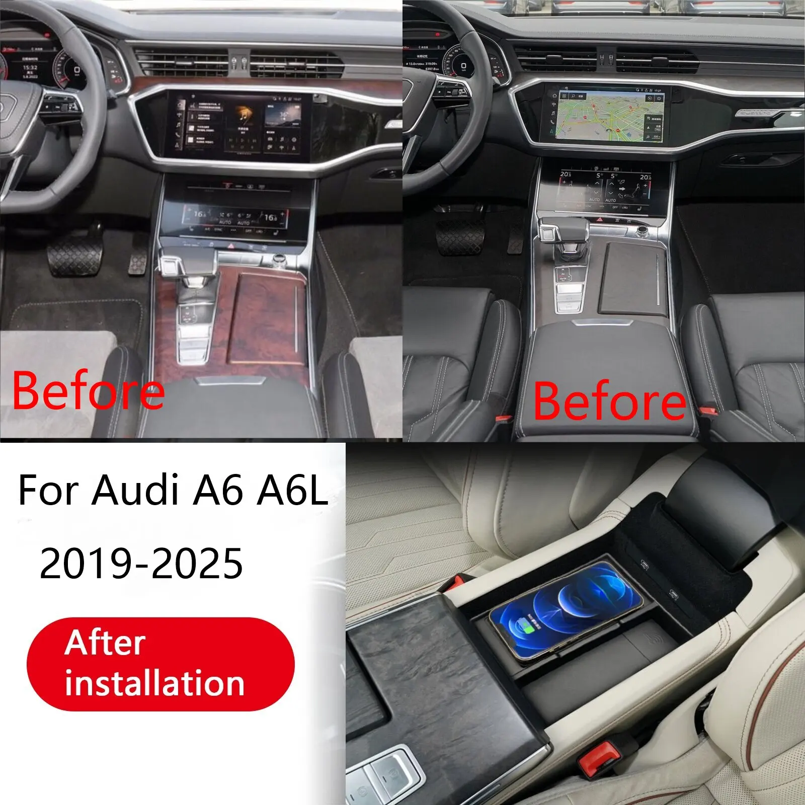 2 DIN The Latest For Audi A6 A6L 2019-2025 Car center console phone charger fast wireless charger charging plate charging holder