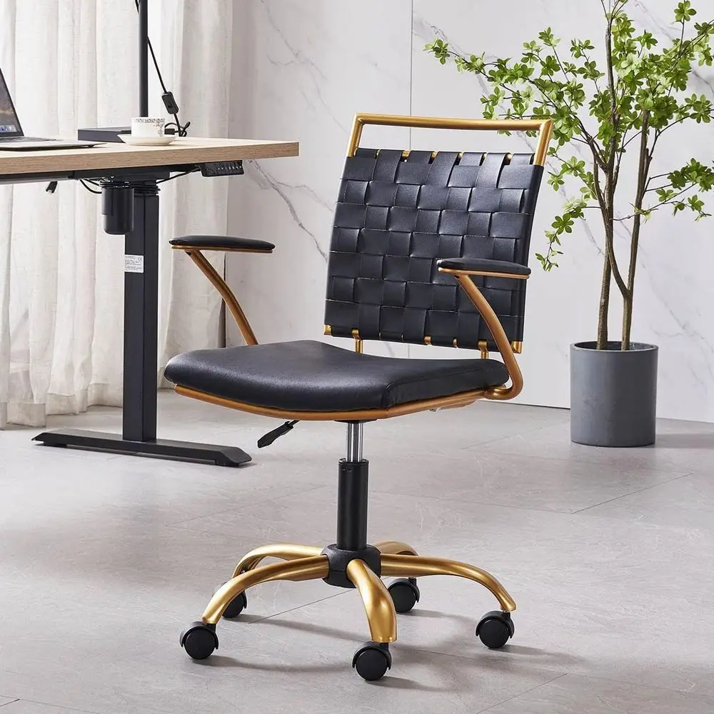 

Gold and Black Leather Desk Chair with Wheels and Arms, Comfortable Swivel Task Chair for Office Use