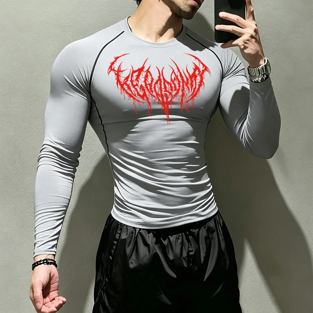 Herren Langarm-Kompressions-Oberteil mit gotischem Dornen-Print, schnelltrocknend, elastisch, atmungsaktiv, T-Shirt für tägliches Workout, Laufen und Aktivsport. – Detail 4