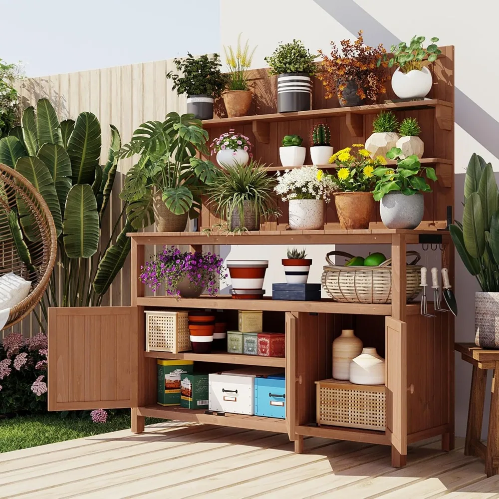 

Outdoor Potting Bench Table with Hutch, 50.2" Fir Wood Garden Workstation, Large Countertop, 2 Shelves, 2 Cabinets, 3 Side Hook