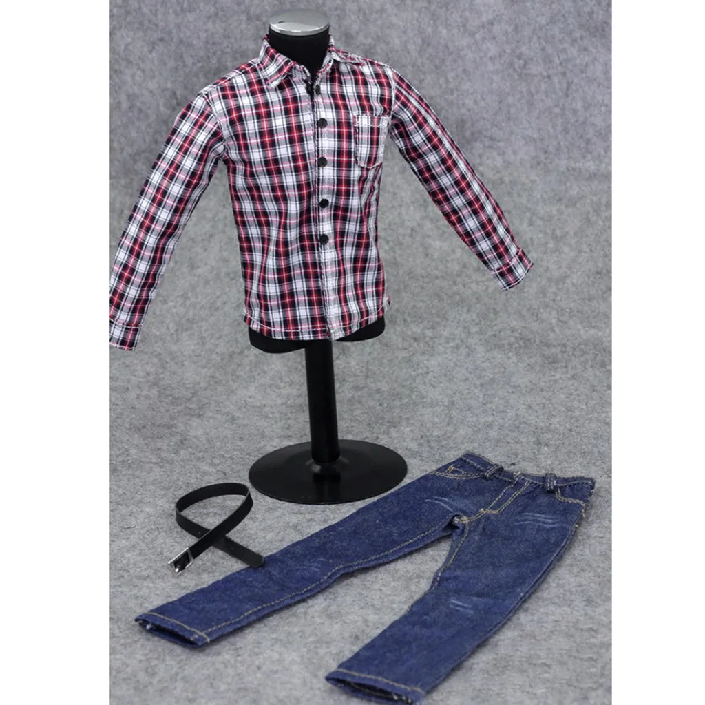 

1/6 Scale Male Clothes for 12 inch Action Figure Red Plaid Long Sleeve Shirt Jeans Suit Dolls Casually Cool Outfits Clothing Set
