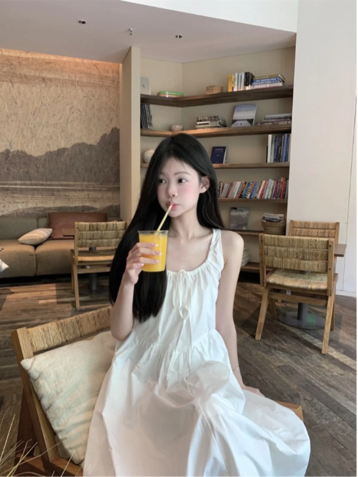 Koreanisches SLE-Sommer-A-Linien-Dr. Damen-Trägerkleid mit Gürtel, lässig, U-Neline, No-Slee, langes Dr für den Urlaub