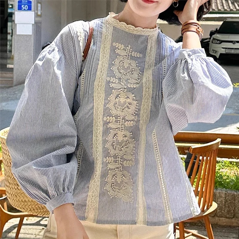 

Korean Fashion Shirts Puff Sleeve Flower Embroidery Striped Casual Loose Blouses All Match Spring Autumn Design Women's Clothing