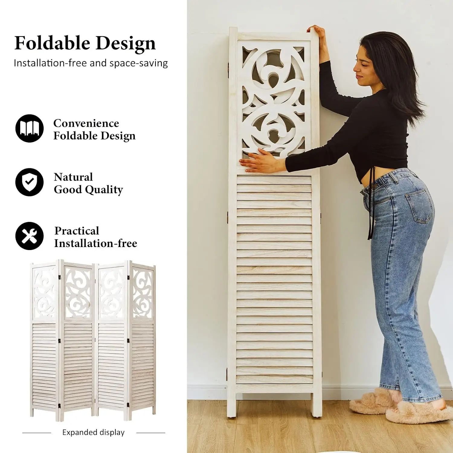 Wood Carved Folding Partition Screen Indoor Outdoor Portable Privacy Divider 4 Panel 67x60in White, Customized