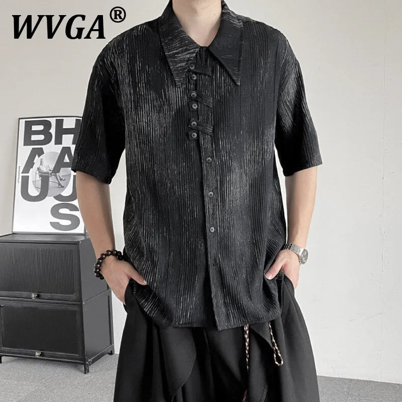 

WVGA Summer New Men Tide Original Dark China-Chic Niche Elegant Striped Short Sleeve Shirt Pleated Oversized Japanese Tops W7232
