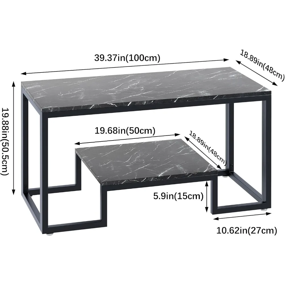 Mesa de centro retangular moderna em mármore falso com 2 camadas e estrutura de metal resistente para sala de estar