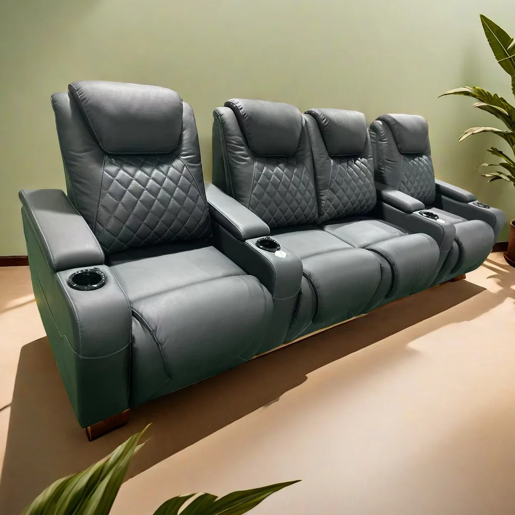 

-White Color Massage Chair For Movie Room Automatic Cinema Sofa Diamond Stitching Theater Seats With Chilly Cup And Led Light