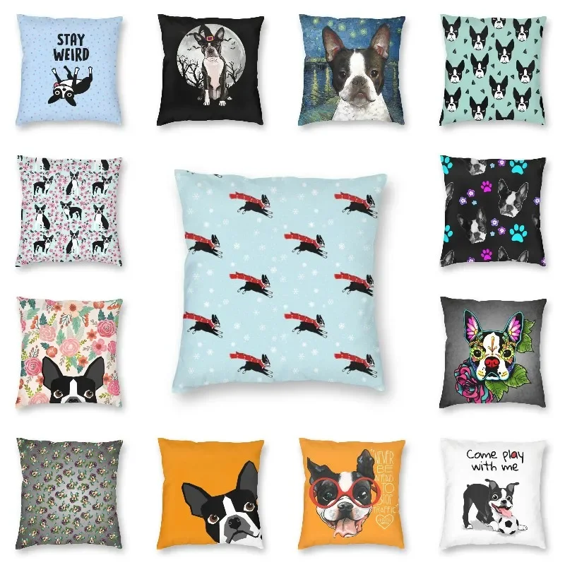 Boston Terrier Scarf Cushion Cover Modern Pillowcase Living Room Decor Christmas Dog Snow Winter pillowcase