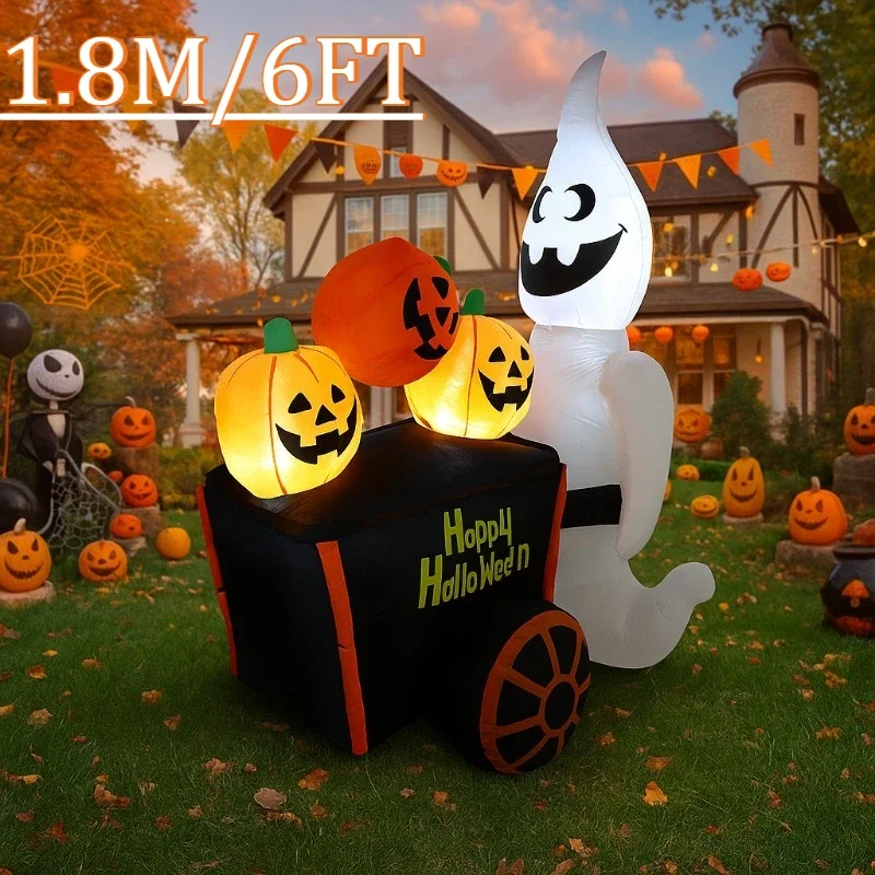 

6FT Halloween Holiday Lighting Ghost Push Pumpkin Cart Built-in LED Lights Decoration Outdoor Holiday Halloween Blow Up Model