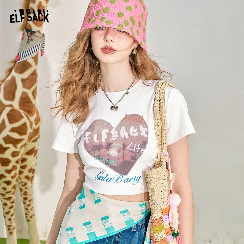 

ELFSACK 2024 Summer New Love Print BM Slim Fit Short Sleeve T-shirt Women's Slim Short Top