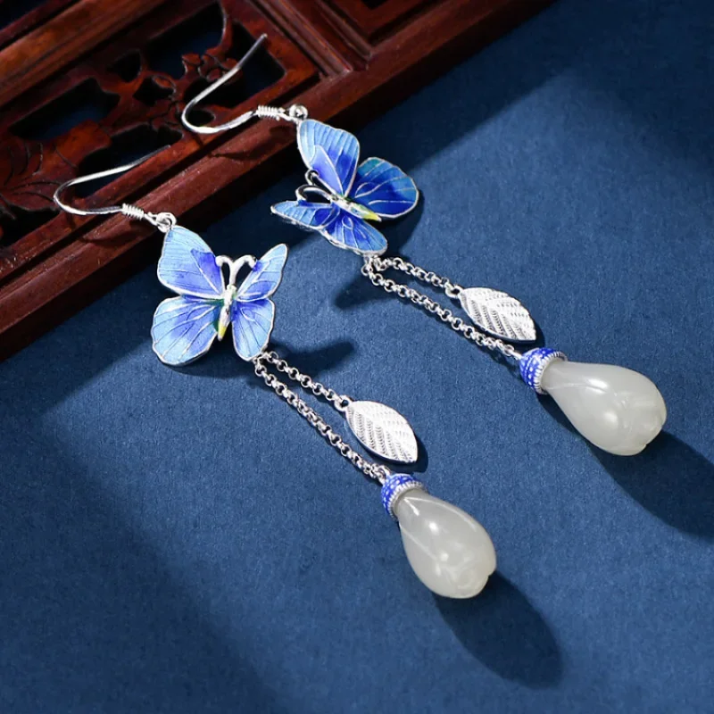 925 silver enamel tassel blue butterfly earrings for women national style Exquisite natural Hotan jade orchid earrings jewelry