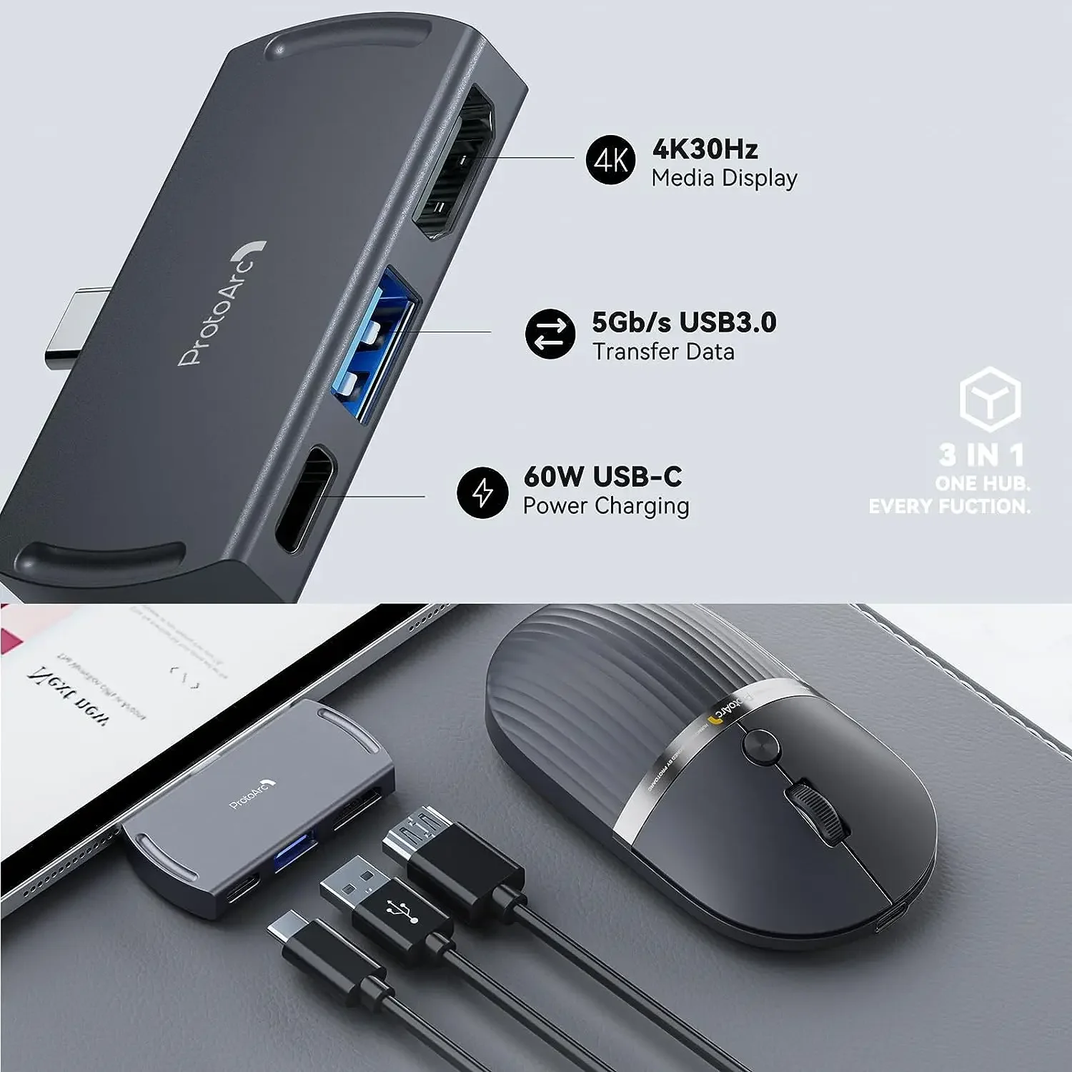 Imagem -03 - Protoarc-mouse sem Fio Usb c Bluetooth Multi-dispositivo Recarregável Laptop Hub com Usb c Hub Portátil Silencioso Computador