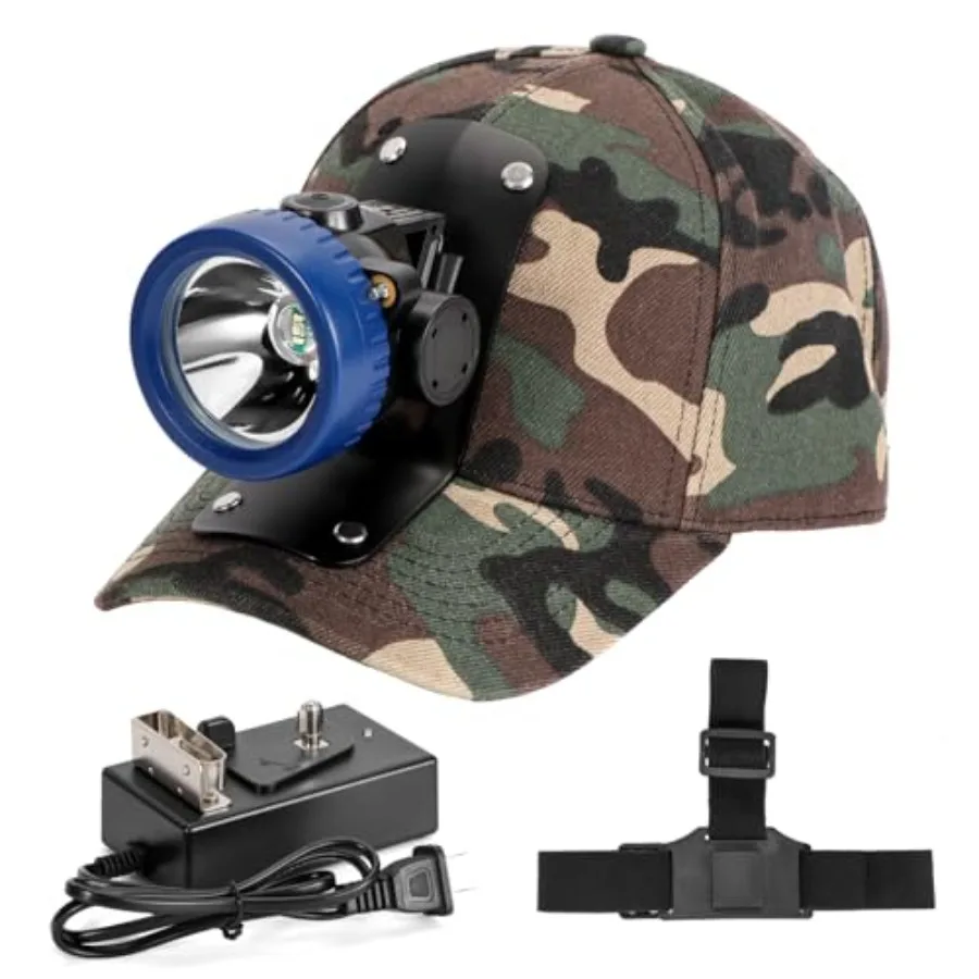 

Ultra-Bright LED Mining Headlamp, Rechargeable Waterproof Hard Hat Light Headlight, Camouflage Miner Cap Included, Durable Mini