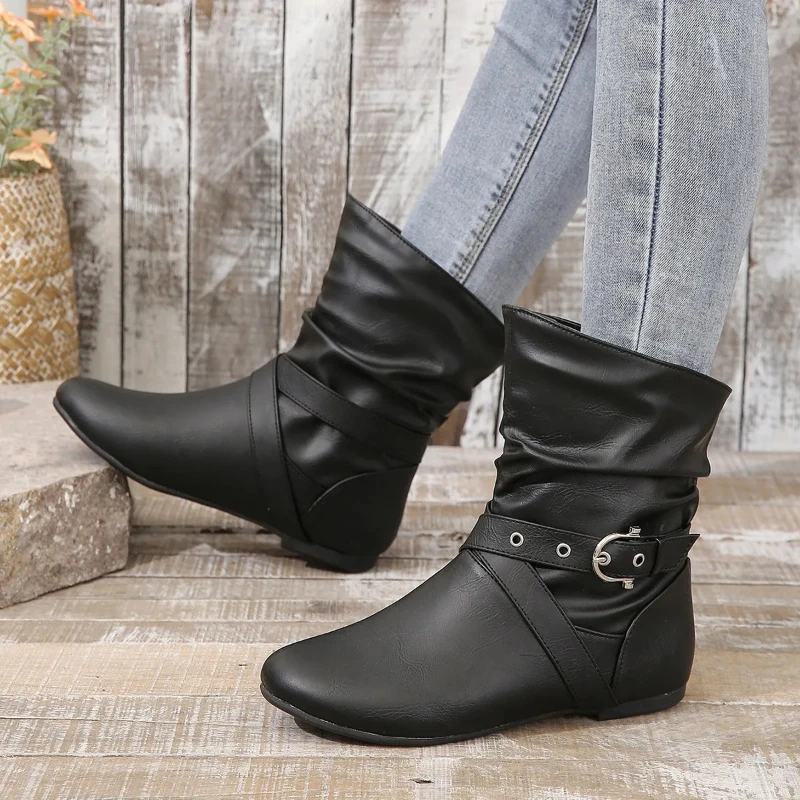 2024 Fashion Ladies Shoes Belt Buckle Women\'s Boots Fashion Slip-on Modern Boots Women Hot Sale Round Toe Shoes Women Zapatos