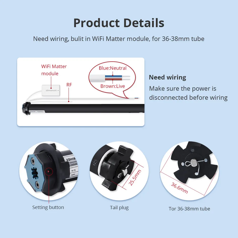 Zemismart Matter Motor de persiana motorizada WiFi, dispositivo de persiana enrollable, permite el Control de la aplicación Google Home Smartthings