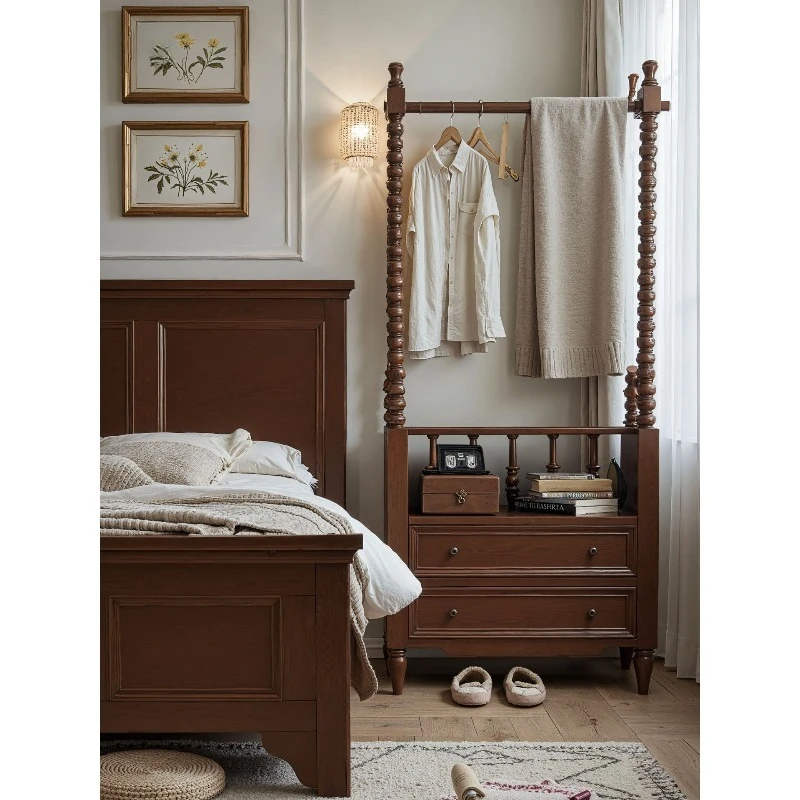 American retro all-solid wood coat rack, floor-to-ceiling bedroom bedside table at the end of the bed