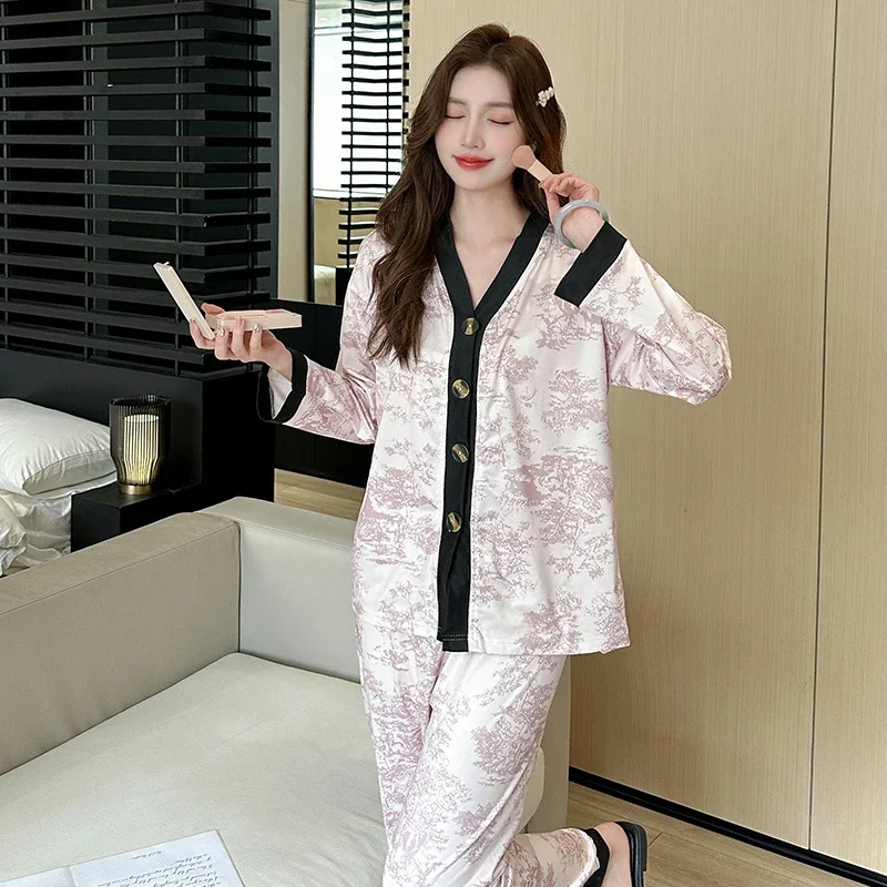 Korean All-match Fashion Plus Size Women\'s Pajamas Pink V-neck Casual Homewear Sets Button Long-sleeved Trousers Sleepwear