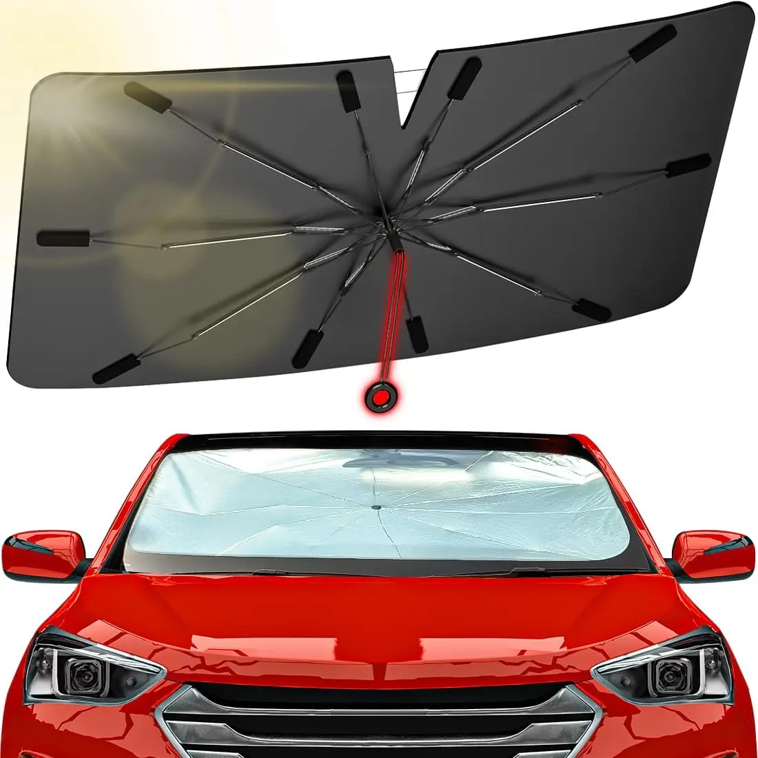 

2025 Windshield Sun Shade, Upgraded Car Sunshade Umbrella with 360° Pull Cord, Foldable Car Sun Shade Cover for car Front Windsh