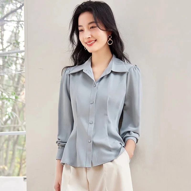 

Long Sleeve Shirts Womens Satin Patchwork Slim Fit Button Down Elegant Turn Collar French Lady ClothingHigh End Femme
