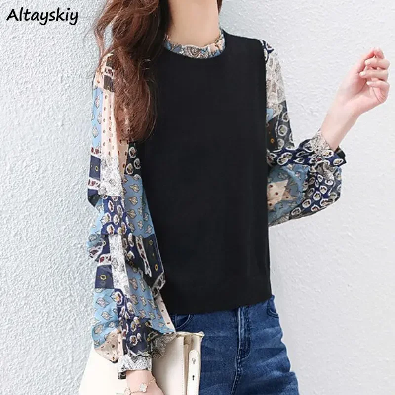 

Patchwork Blouses Women Spring Thin Sun Proof Chic Temperament Office Lady Cropped Trendy Elegant O-neck All-match Puff Sleeve