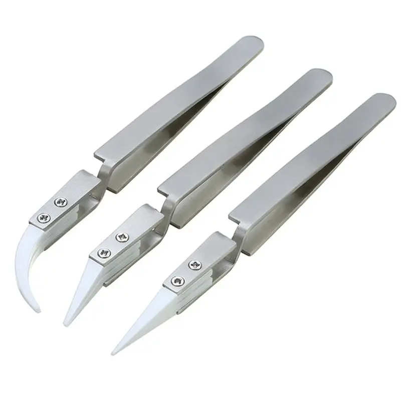 KYCOR-3 Piece Reverse Tweezers Tweezers Set Silver Stainless Steel High-Temperature Resistant Non-Conductive