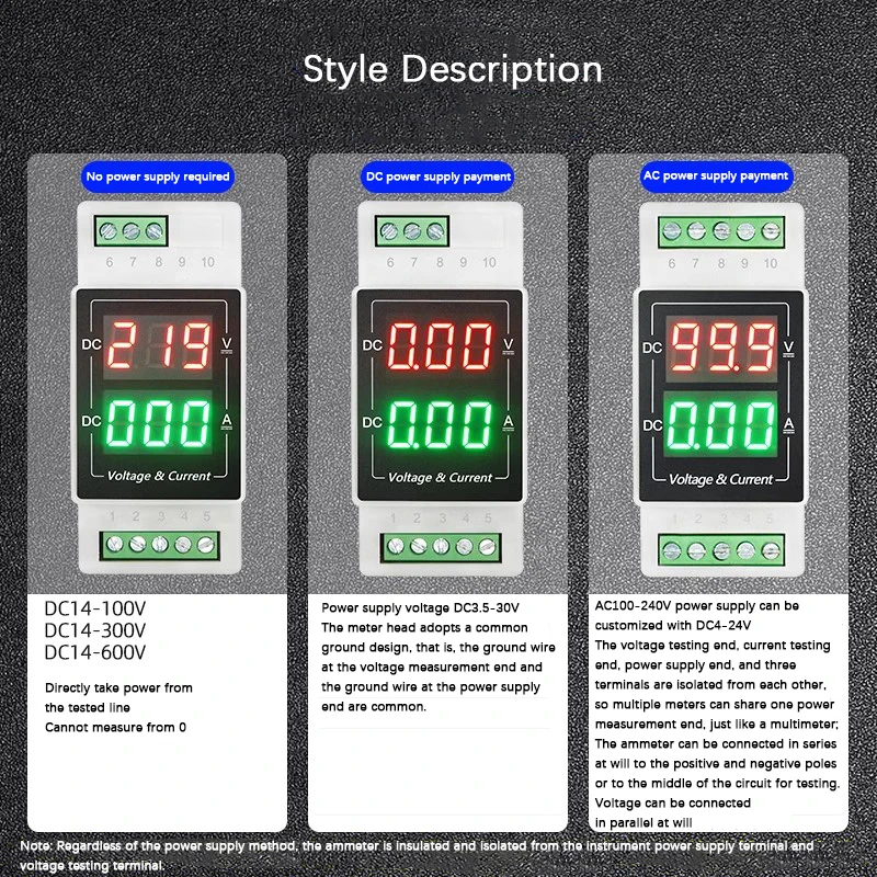 DC Dual Display Current And Voltage Meter DC3.5-30V 20A 50A 100A Din Rail Type Digital Display Ammeter