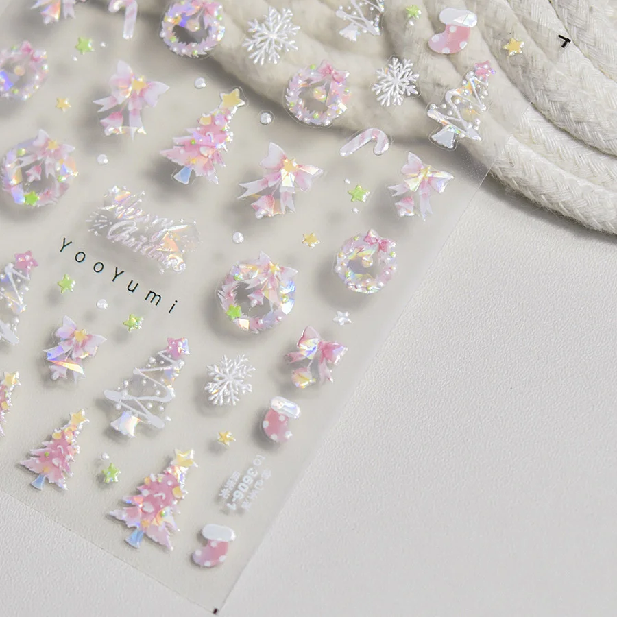 

1 piece 5D pink Christmas nail sticker high quality shiny shell light design cute snowflake star garland nail decoration sticker