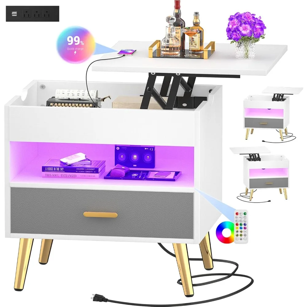 

35 Inches Nightstand with Reversible Lift Top, Large Night Stand with LED Lights, Tall Bedside Table with Charging Station