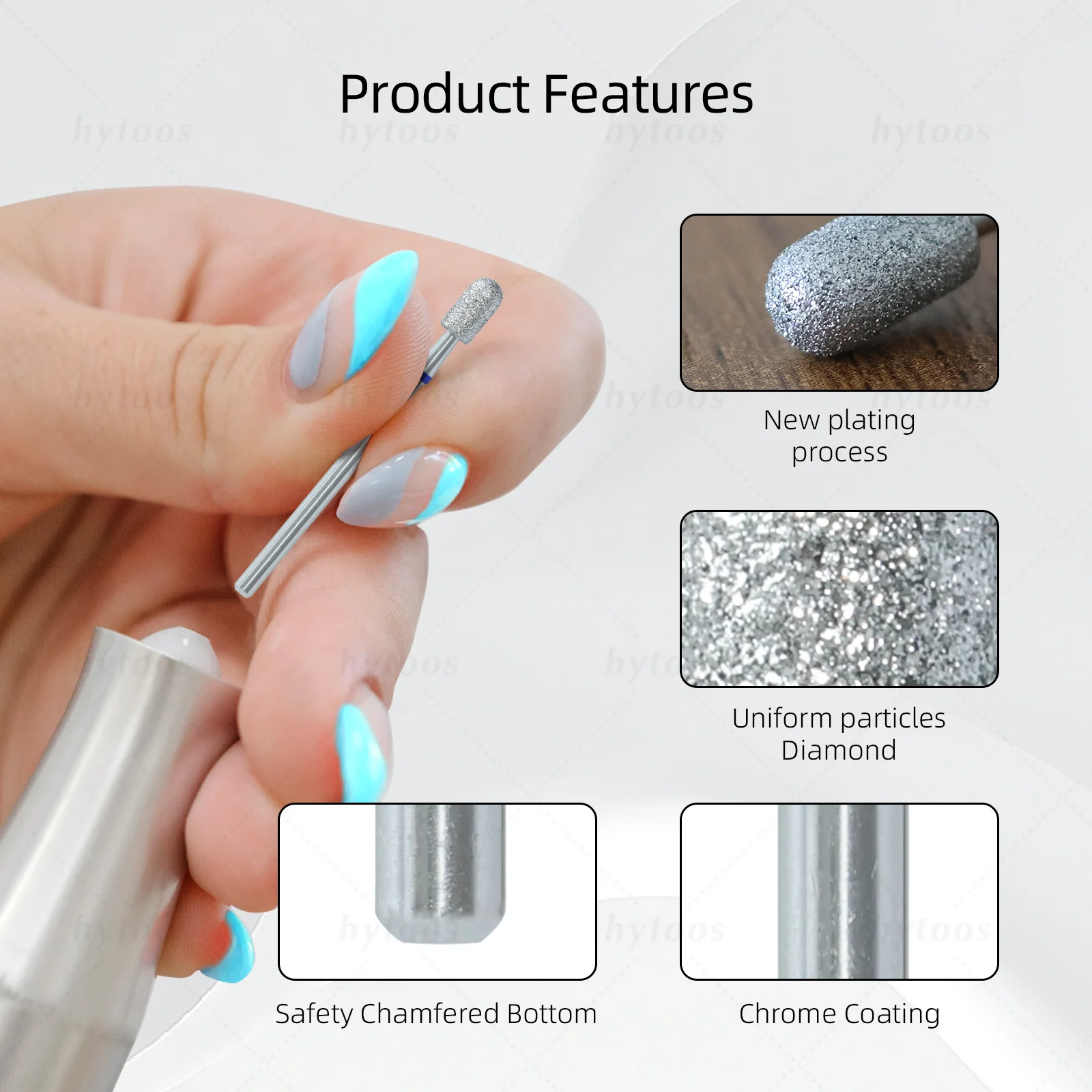HYTOOS Chrome Diamond Nail Drill Bits Pro Russian Rounded Top Cuticle Clean Bit for Nail Drill Dead Skin Cleaner Nails Prep Tool