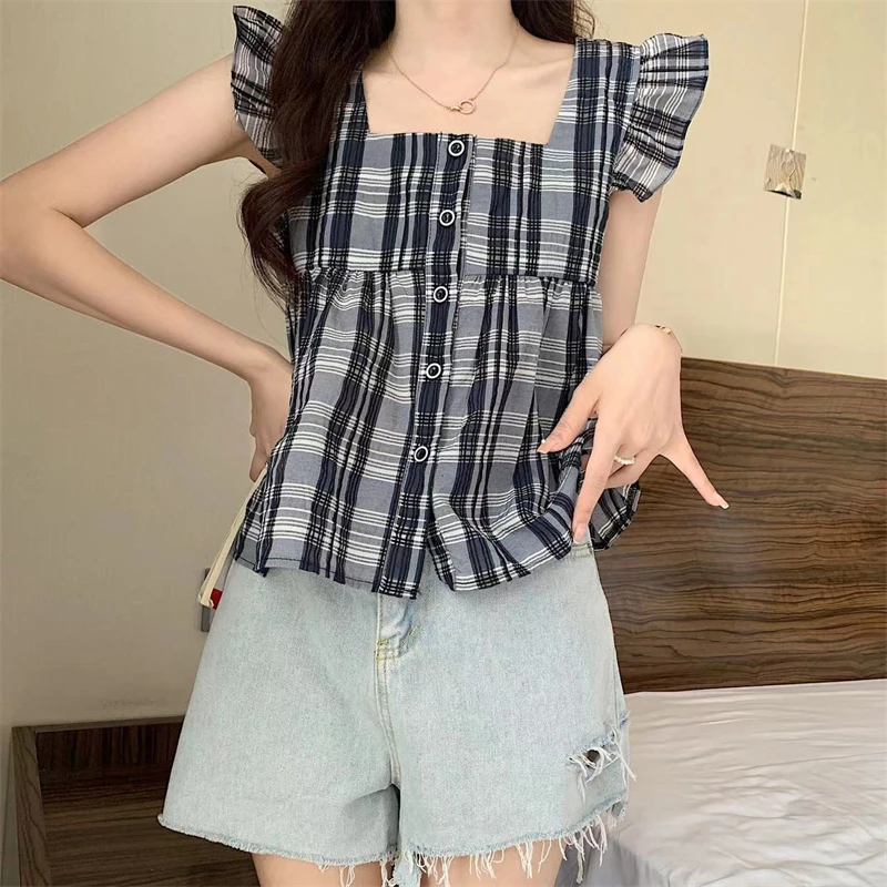 Abbigliamento donna 2024 estate Trendy Vintage Plaid Ruffle Kawaii camicetta a maniche corte Y2K Casual colletto quadrato allentato Sweet Chic top