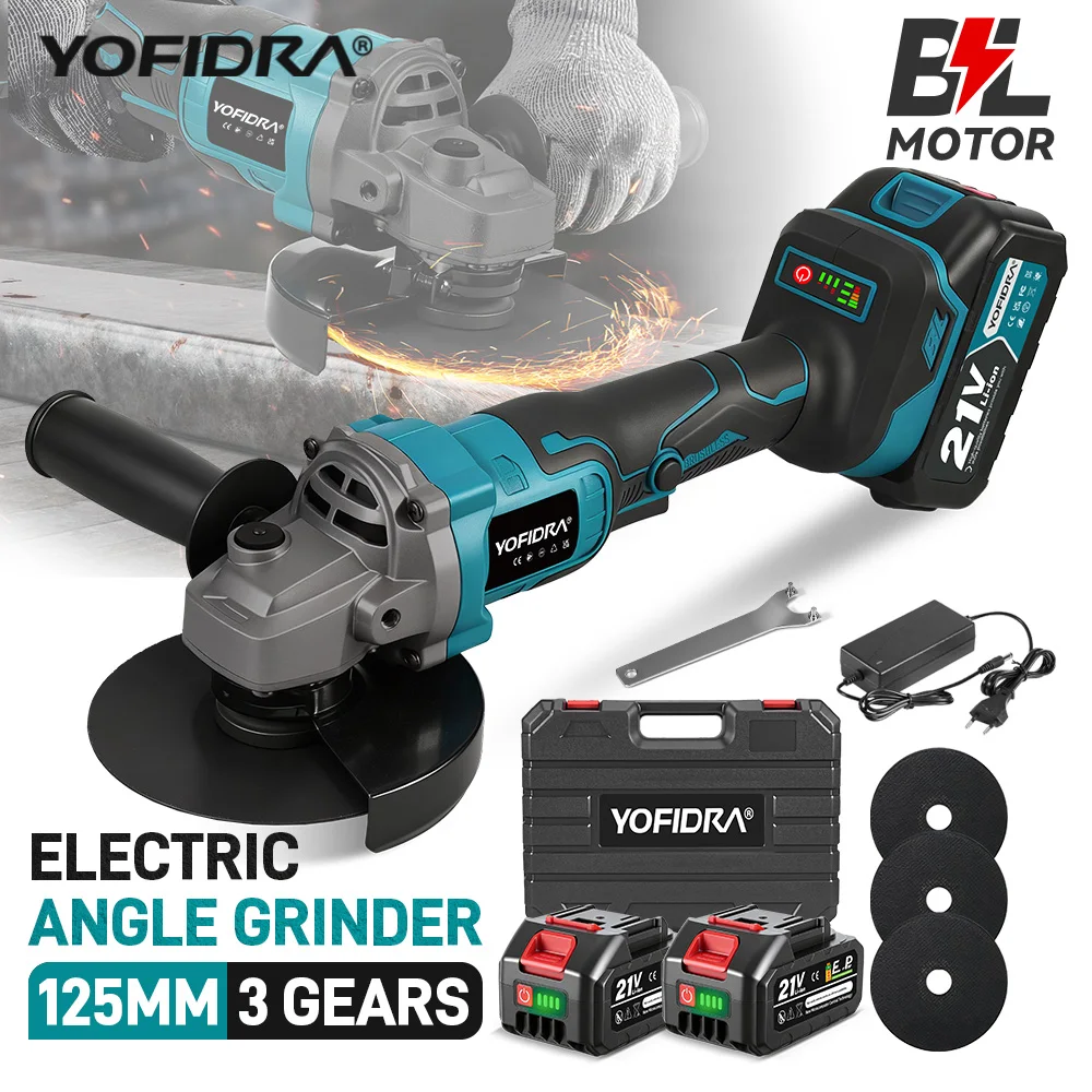 Image of YOFIDRA 125mm Bürstenloser Elektrischer Winkelschleifer 20000RPM 3 Geschwindigkeiten Holzschleif-, Polier- und Schneidewerkzeug für Makita 21V Akku