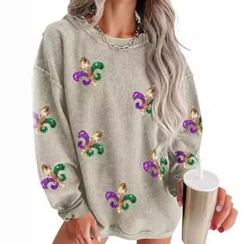 

Casual Pullover Women Sweatshirt Corduroy Office Lady Long Sleeves Y2k Tops Elegant Sequin Streetwear Slight Strech 2025 Spring