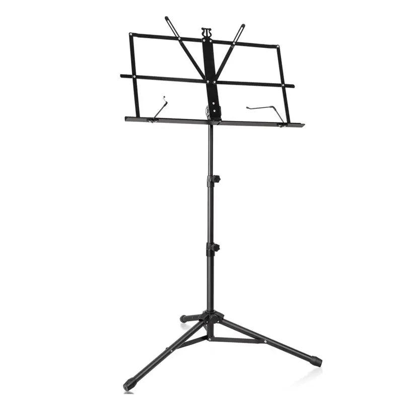 AED2-Metal Sheet Music Stand Portable, Adjustable Podium Stand With Tripod Base And Sheet Music Folder - Black