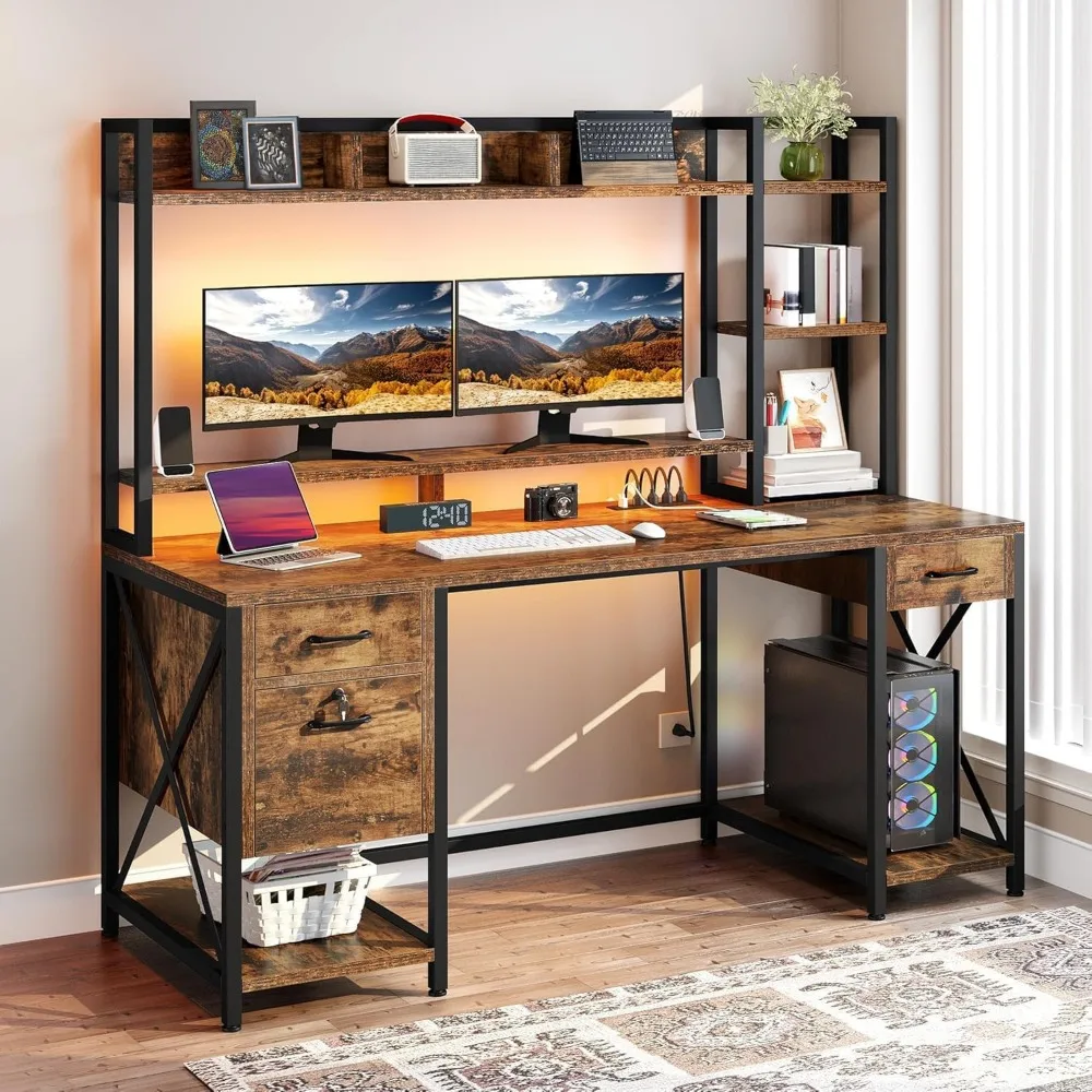 

Computer Desk with Drawers & Hutch, 59.1" Office Desk with Power Outlets & LED Lights, Home Office Desk with Storage Shelves, R