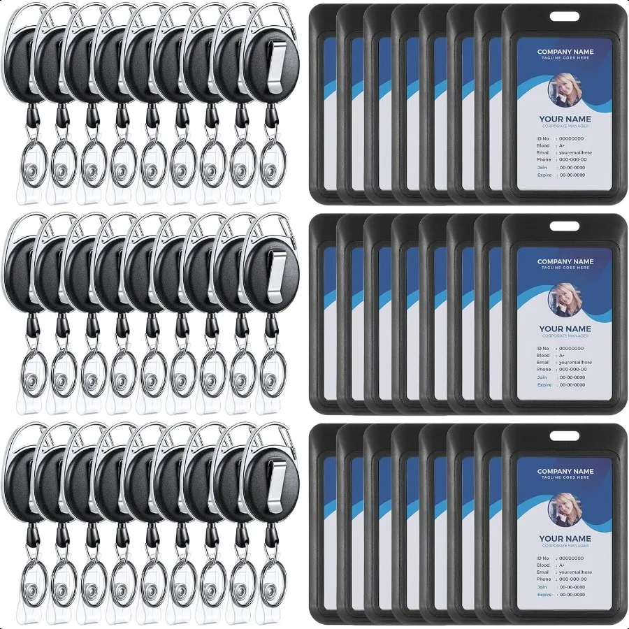 

24 Pack Sliding Badge Holder with Retractable Clip Black Vertical Plastic ID Card Case Protector Heavy Duty Badge Reel ID Holde