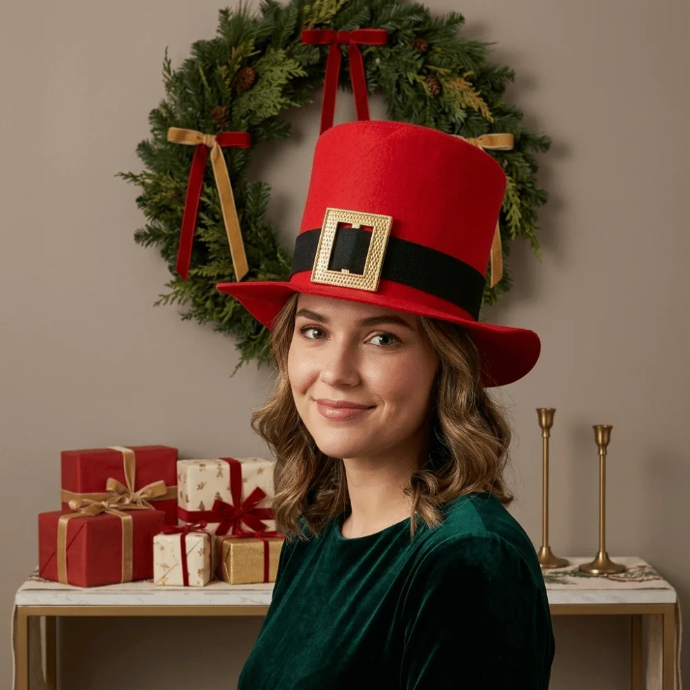 Fashion Red Christmas Top Hat Gold Button Foldable Santa Claus Hat Black Belt High Hat Cowboy Hat Carnival