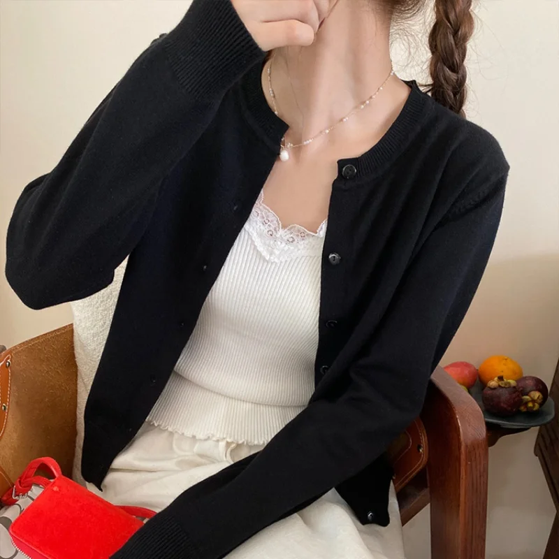 Fashion knitted cardigan tops for women thin sweater loose long sleeved knitwear cardigan Black White Grey