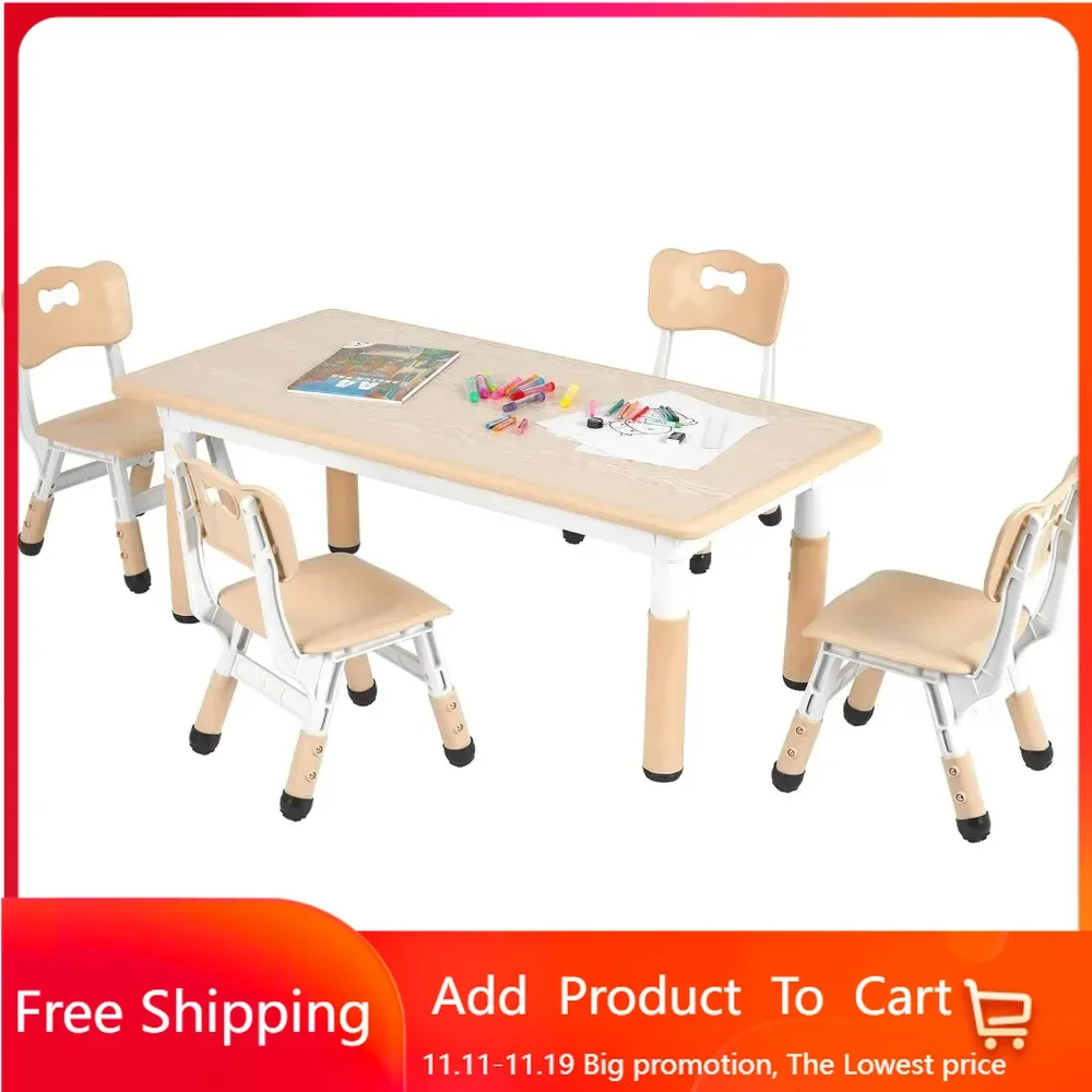 Kids Table and 4 Chair Set, Height Adjustable Toddler Table and Chair Set, Non-Slip Legs, Graffiti Desktop