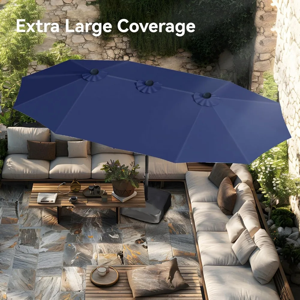 Grand Parapluie avec Base Incluse, Parapluie de Marché Rectangulaire Double Face, Extérieur avec Manivelle, Jardin, Bleu, 15 Pieds