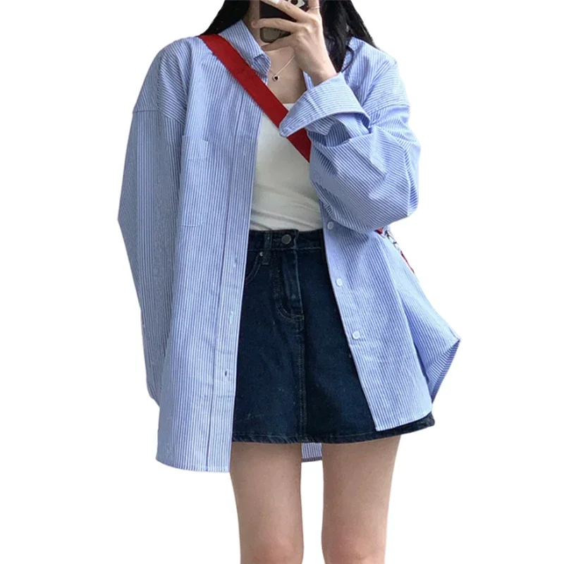 

2025 Blue Stripe French Casual Long Sleeve Sweet Shirts Women Split Blouses Streetwear Niche Coat Loose Shirt Tops