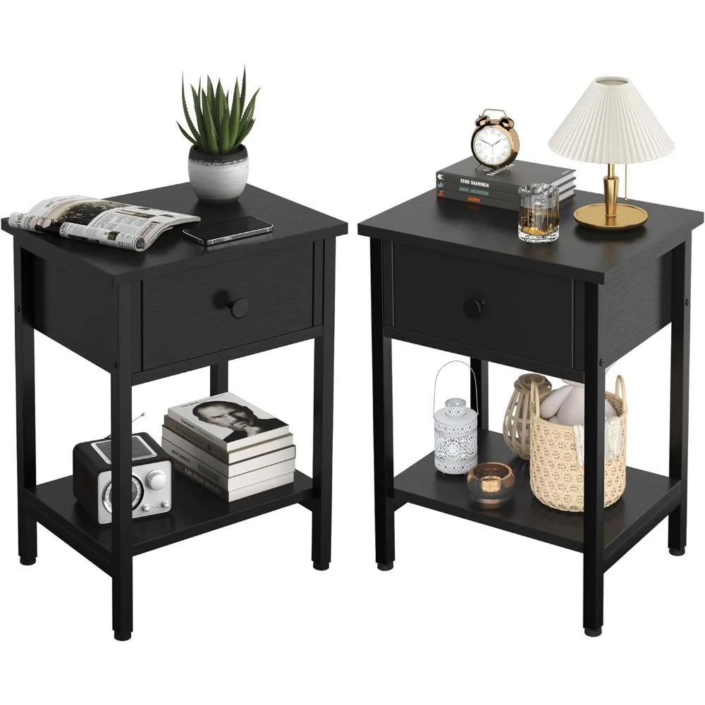 서랍이 있는 나이트스탠드 2개 세트, 수납 선반이 있는 침대 옆 테이블 2개 세트, 거실 침실용 견고한 사이드 테이블