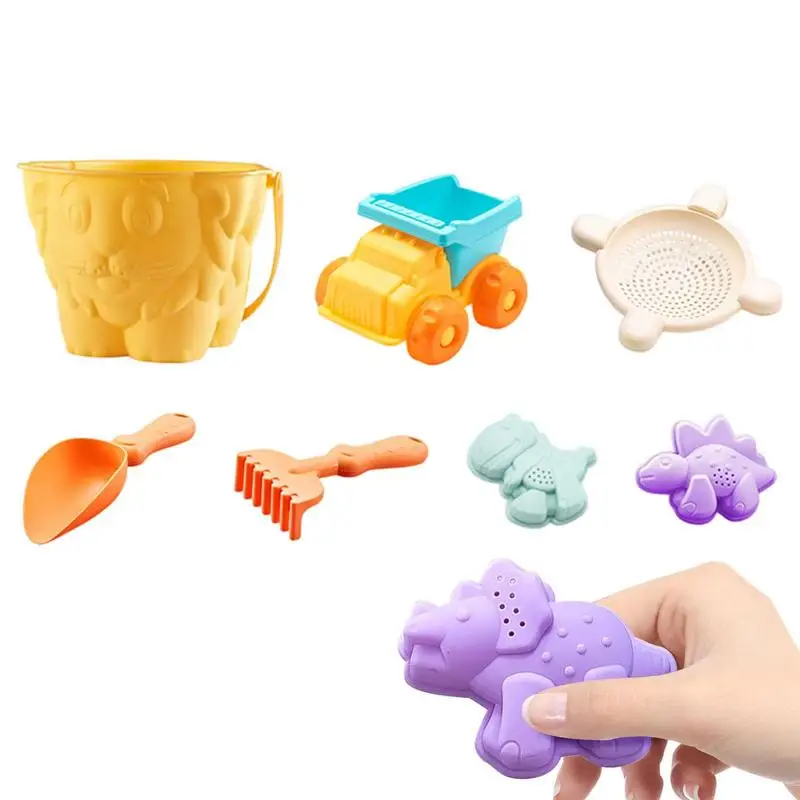 

Toddler Beach Toys 7Pcs Durable Kid Beach Toys Set Travel-Friendly Beach Set Beach Molds Bucket Shovel Watering Can Summer Sand