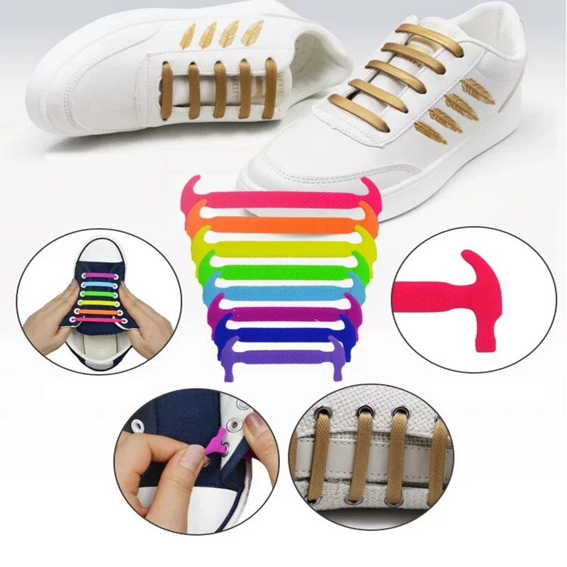 16pcs/set Silicone Shoelaces Elastic No Tie Shoe Laces Kids Adult Fashion Hammer Type Running Sneakers Shoelace for Woman Man