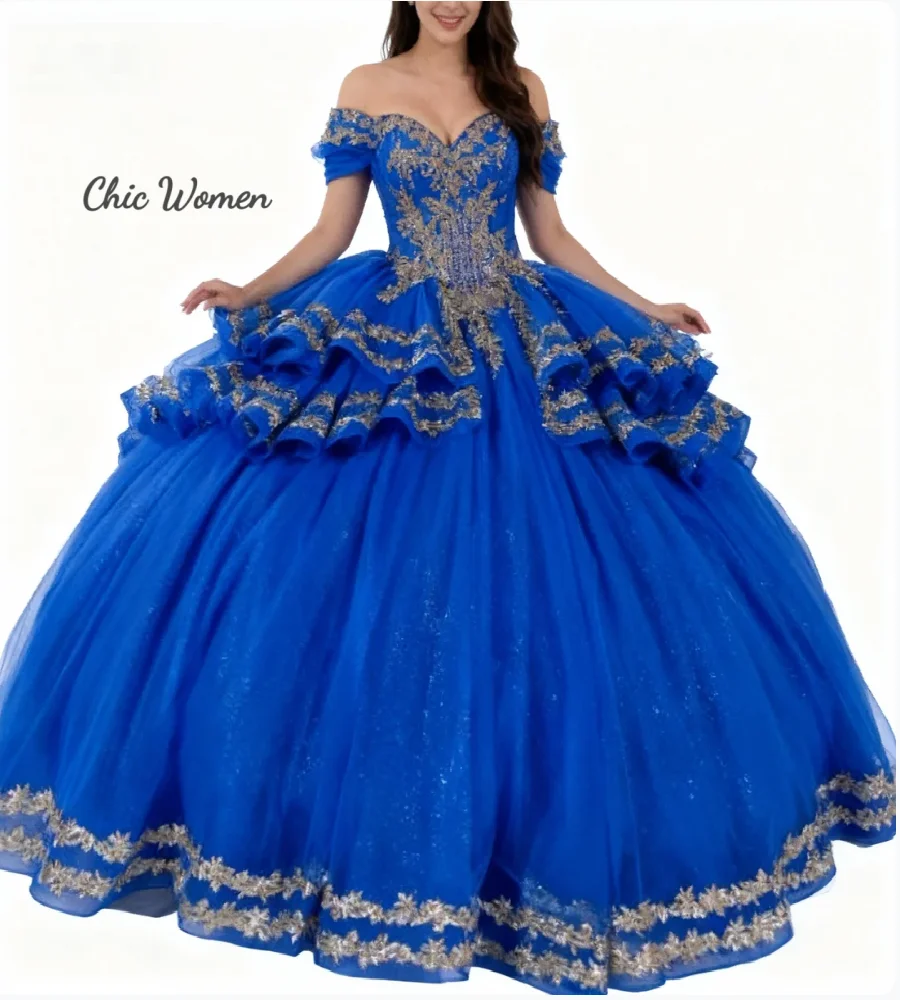 فساتين Quinceanera باللون الأزرق الملكي للأميرة 2026 بدون أكتاف ثوب حفلة متدرج من الدانتيل الأميرة فيستدوس 15 عيد ميلاد Quinceañera #1